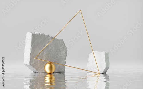 3d render, abstract white background with cobblestones and golden triangular frame with copy space, reflection in the water on the wet floor, modern minimal showcase for product display.