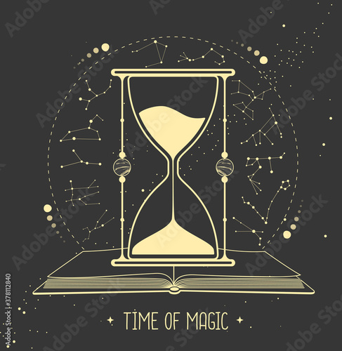 Modern witchcraft magic card with open book, hourglass and astrology constellation. Horoscope. Vector illustration