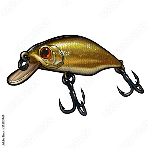 Fishing bait wobbler Crank bait gold fishing for a predator. Bait for fish illustration art isolate realistic.