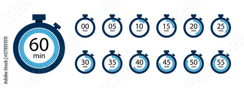 Stopwatch, timer icons set. Speed ​​measurements, countdown from 0 to 60 seconds. Vector illustration