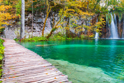 Famous Plitvice lakes with beautiful autumn colors and magnificent views of the waterfalls , Plitvice national park