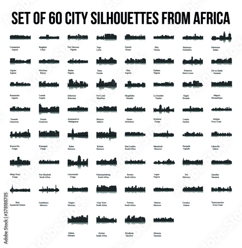 Set of 60 City Silhouettes from Africa ( Fez, Lusaka, East London, Lome, Togo, Kigali, Port Harcourt, Zanzibar, Meknes, Khartoum, Tunis, Marrakech, Morocco, South Africa, Johannesburg )