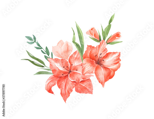 bouquet with orange gladioli flowers, watercolor illustration on white background