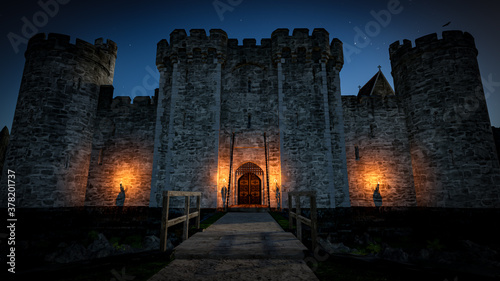 medieval castle with forest and mountains environment