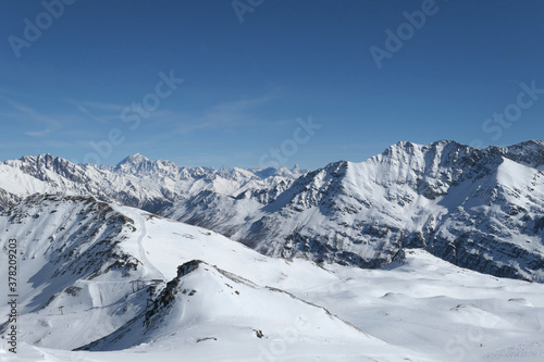 Panorama of Alps and ski slope view in La Thuile, Aosta Valley in Italy.