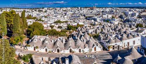 Panoramic view of the traditional trulli houses in Arbelobello, province Bari, region Puglia, Italy