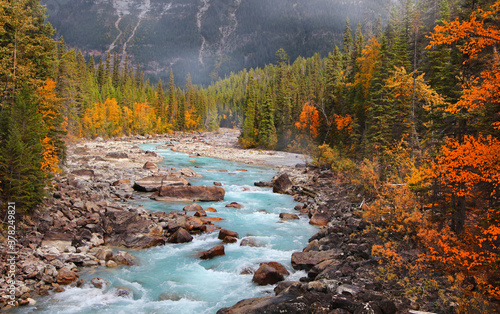 Boulders and rocks in fresh water stream at rural British Columbia in autumn time 