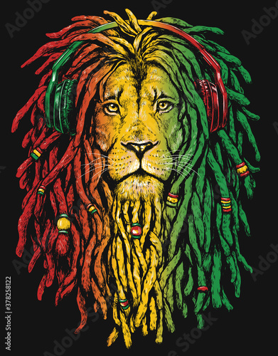 Pen and inked Rastafarian Lion digital illustration on black background. 