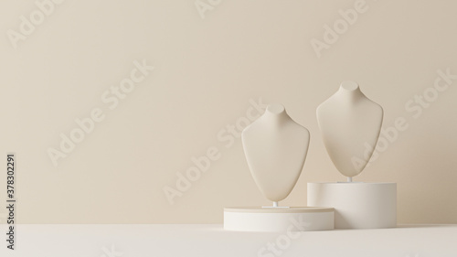 Bust showcase jewelry display for necklace pendant in a cream background. Stand holder. Beige color mannequin jewelry stand. Trendy 3d render for social media banners, promotion, presentation, picture