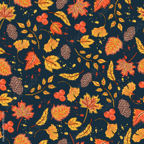 Autumn leaves seamless pattern on the dark background. Fashion print. Fall season.