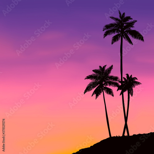 Sunset palm trees landscape illustration