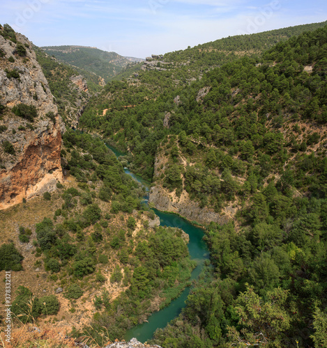 View of the Jucar river canyon from Devil's window viewpoint in the Serrania de Cuenca, Spain