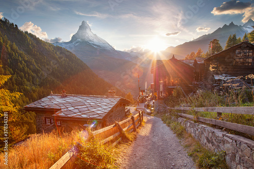 Swiss Alps. Landscape image of Swiss Alps with the Matterhorn during beautiful autumn sunset. 