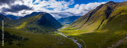 aerial view of glen etive and its waterfalls in the argyll region of the highlands of scotland near glen coe and rannoch moor in autumn