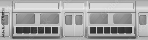 Train wagon interior with seats, windows and closed doors. Vector realistic background with glass windows, sliding doors, handrails and chairs in metro carriage. Empty subway wagon inside