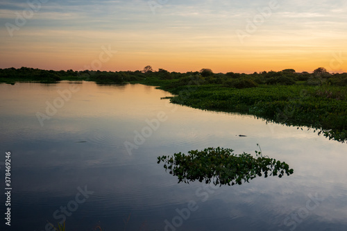 Sunset on the banks of the transpantaneira road, in the Pantanal of the State of Mato Grosso close to Pocone, Mato Grosso, Brazil on June 14, 2015.
