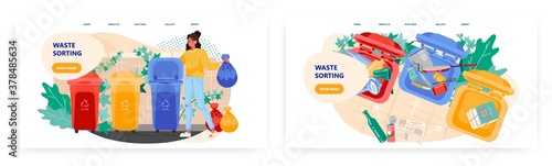 Woman put garbage bag into trash bin. Waste sorting and recycle concept illustration. Vector web site design template. Different colors containers for different types of waste. Plastic, metal, paper