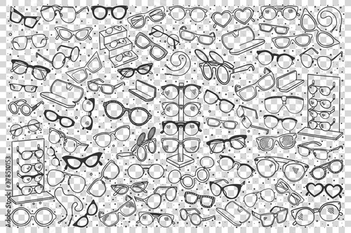 Spectacles doodle set. Colection of hand drawn sketches templates patterns of optician objects sunglasses assortment on transparent background. Eye health and vision illustration.