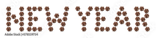 new year phrase text made of pine cone on white colored background