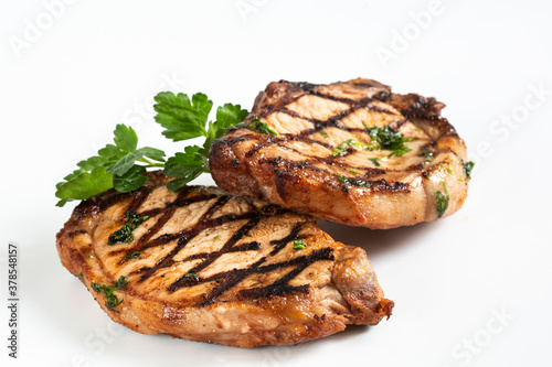  Grill restaurant meat menu-grilled pork chops. Isolate.