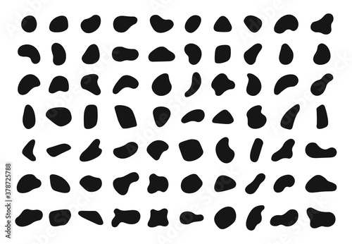 Random shapes. Black blobs, round abstract organic shape collection. Pebble, drops and stone silhouettes. Blotch, inkblot texture vector set. Rounded spot or speck of irregular form