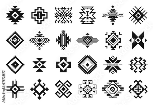 Tribal elements. Monochrome geometric american indian patterns, navajo and aztec, ethnic ornament for textile decorative ornament vector set. Black cultural national symbols, art decoration