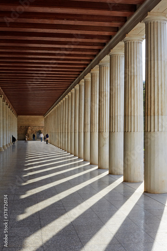 Architectural column arcade in the Ancient Stoa of Athens