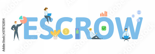 Escrow. Concept with keyword, people and icons. Flat vector illustration. Isolated on white background.