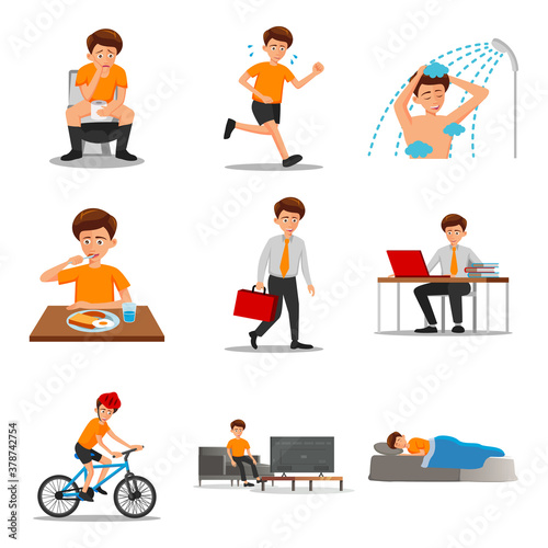 collection of flat design of man characters of routine in cartoon version