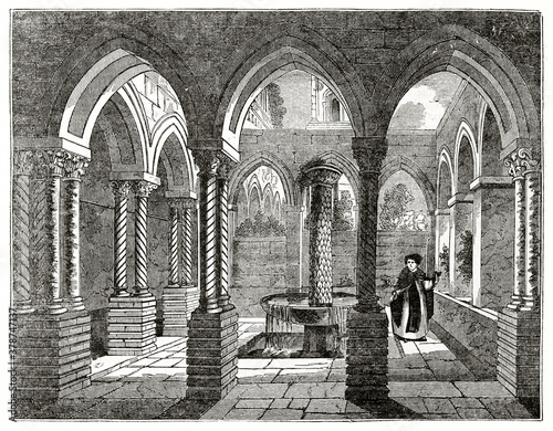 Monreale Benedictine cloister detail, Sicily. Pointed arches, columns and friar close to fountain. Ancient engraving grey tone art by unidentified author, The Penny Magazine, London 1837
