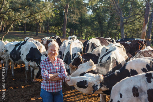 Happy woman farmer with her cows.