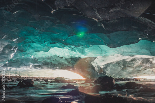 Panoramic shot of calypso ice cave under a glacier