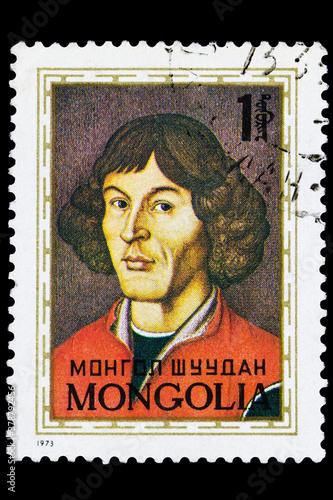  A stamp printed in Mongolia shows a portrait of Nikolai Copernicus, circa 1973, close-up, isolated