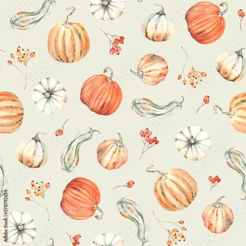 Autumn pumpkins and berries rowan, seamless watercolor pattern in vintage style. Thanksgiving day, harvest with colorful vegetables.