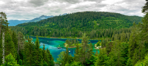 Panoramic view of the Cauma lake with turquoise water.