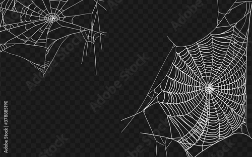 Halloween monochrome spider web. Set of different spiderwebs isolated on black, easy to print. Halloween set with web. Vector Illustration.