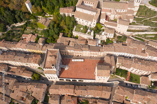 vertical aerial view palace of the consuls of the medieval town of gubbio umbria italy.