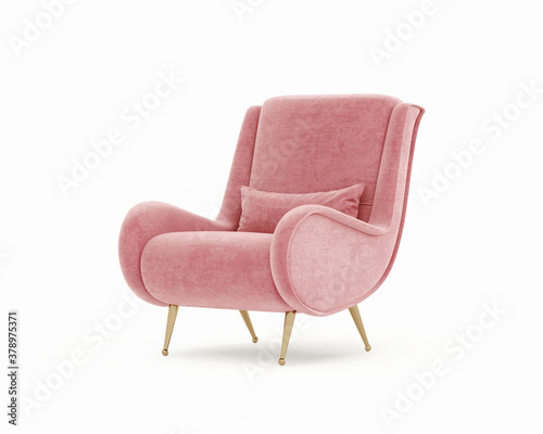 3d rendering of an Isolated pink salmon red modern mid century lounge armchair 