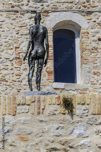 Fragments of old Grimaldi Castle (Chateau Grimaldi, from 1608) in Antibes. Antibes is a resort town in southeastern France, Cote d'Azur.