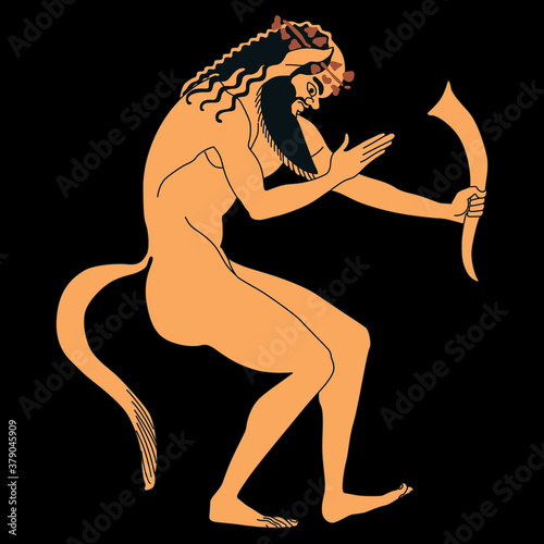Ancient Greek satyr holding rhyton of wine. Vase painting style.
