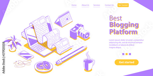 Creative Blogging, Content Marketing Strategy, Commercial Blog Posting and Copywriting. Landing Page Template. 3D Isometric Flat Vector Conceptual Illustration.