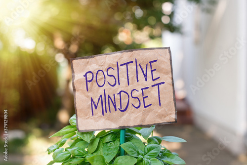 Writing note showing Positive Mindset. Business concept for mental attitude in which you expect favorable results Plain paper attached to stick and placed in the grassy land