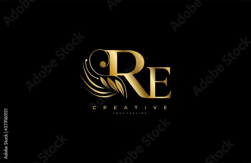 Initial RE letter luxury beauty flourishes ornament golden monogram logo