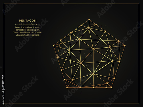 Pentagon golden abstract illustration on dark background. Geometric shape polygonal template made from lines and dots.