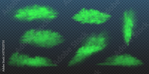 Green toxic smokes set. Vector realistic illustration of stink poison clouds, looking like fart, chemical vapour or bad odor breath. Collection of unpleasant bad smells on transparent background