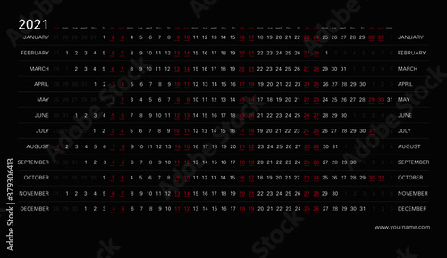 Creative linear calendar 2021, saturdays and sundays selected. White letters on a black background with red holidays. Editable vector template for print design.