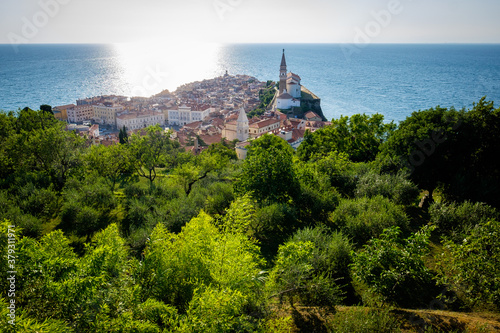 view of the piran city center with sea in background, slovenia