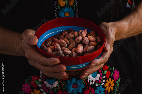 Cacao beans on a traditional colorful bowl from Oaxaca, Mexico 