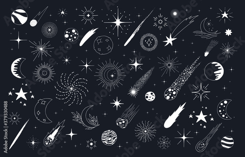 Holiday Christmas pattern with stars, comets, galaxy, sun and moon. Kids doodle wallpaper.