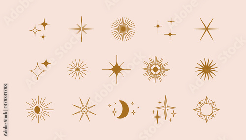 Vector set of linear icons and symbols - stars, moon, sun - abstract design elements for decoration or logo design templates in modern minimalist style